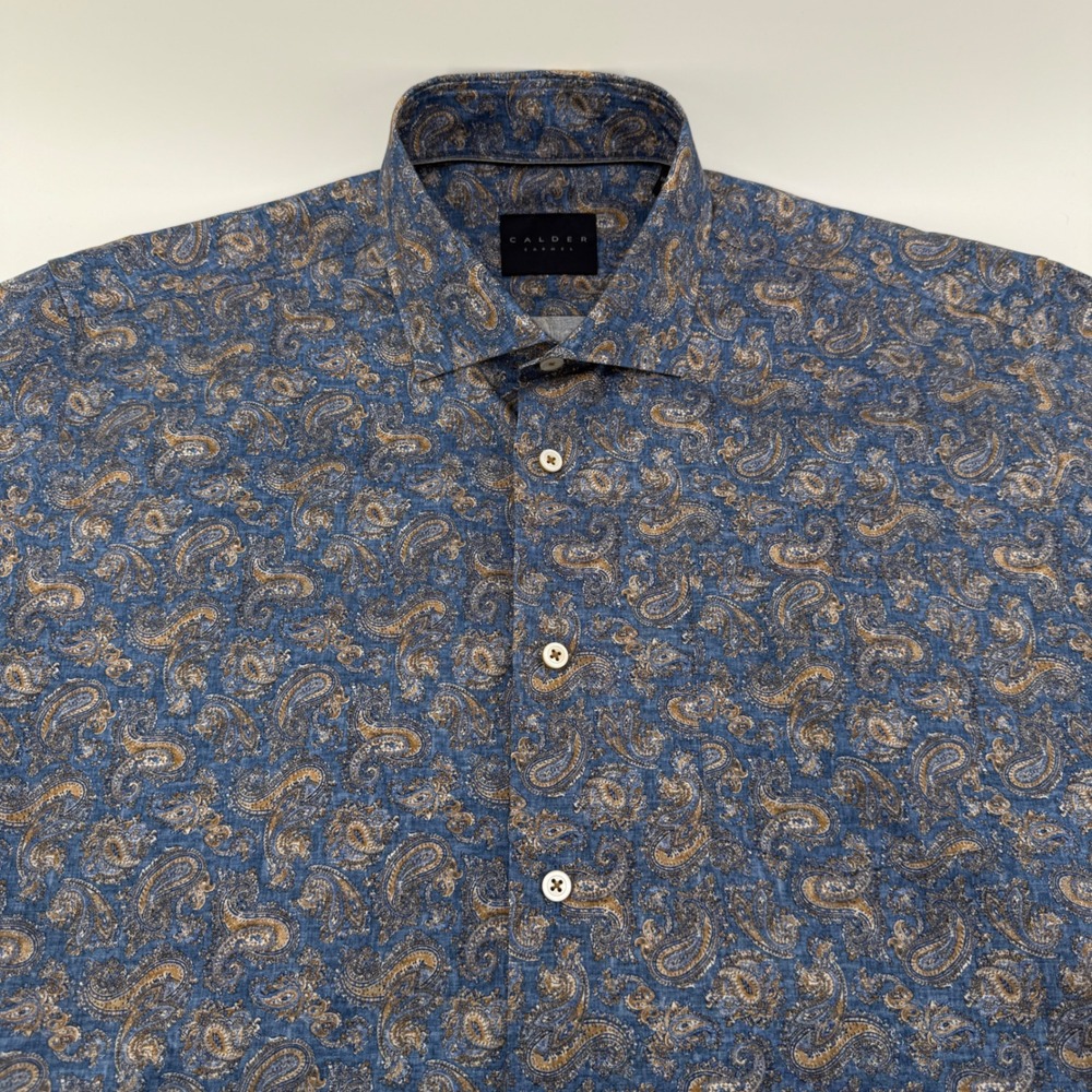Calder Carmel Mens Blue Paisley Cotton Short Sleeve Button Down Shirt L 1/200